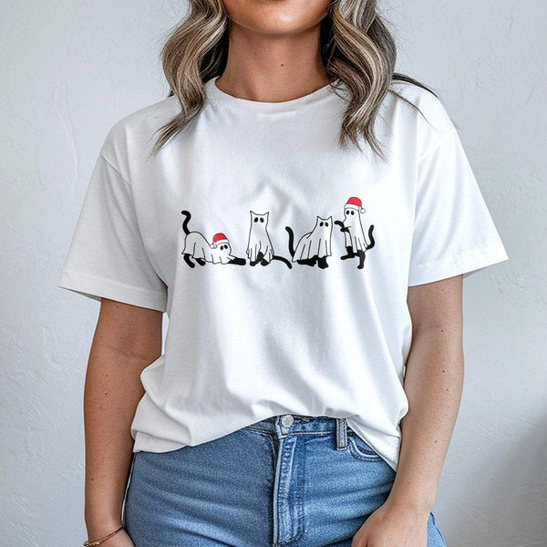 Spooky Kitten Santa Hat Shirt, Christmas Cat Ghost T-Shirt, Creepmas Graphic Tee, Adorable Holiday Ghost Cat T-Shirt, Humorou