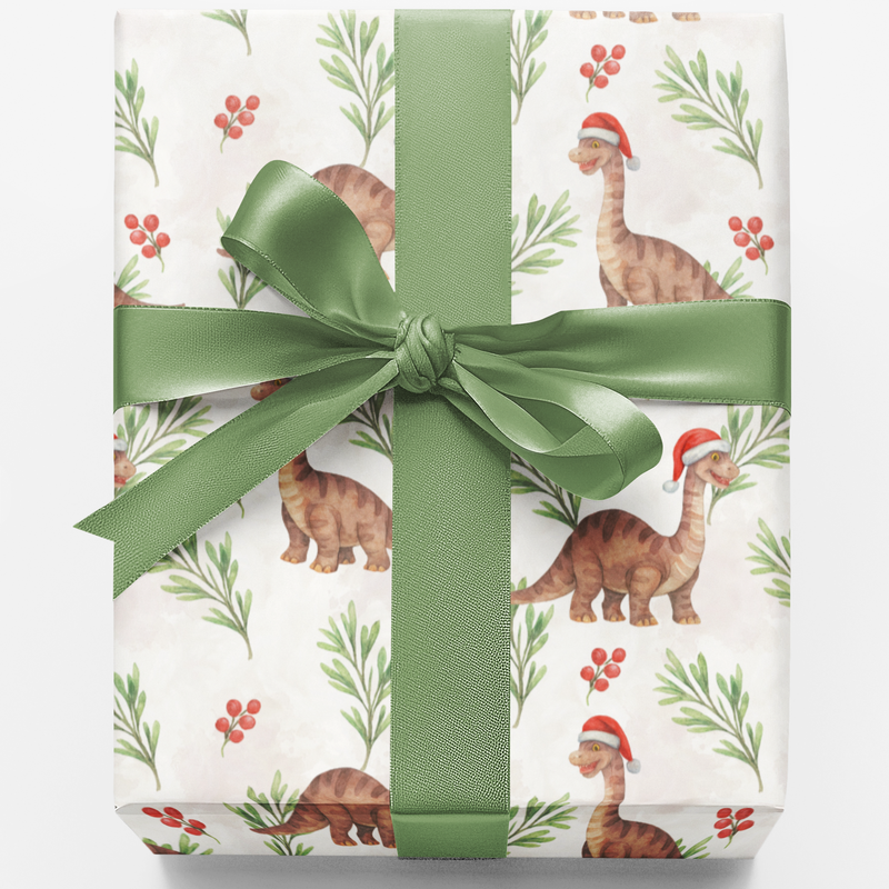 Santa Hat Dino Gift Wrap, Brontosaurus Dinosaur Christmas Wrapping Paper, Adorable Dinosaur Holiday Wrapping Paper, Kids Xmas Gift Wrap Roll