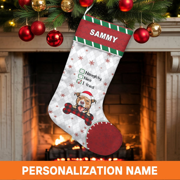 Naughty Nice I Tried Checklist Stocking, Personalized Pitbull Christmas Stocking, Custom Dog Holiday Stocking, Pet Lover Chri
