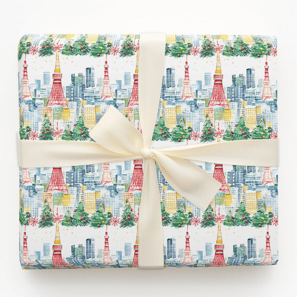 Red Tokyo Tower Holiday Gift Wrap, Tokyo Christmas Wrapping Paper, Watercolor Cityscape Gift Wrap Roll, Japan Travel Xmas Wra