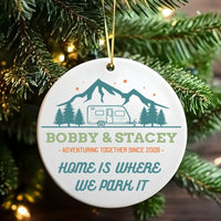 Camping Adventure Ceramic Keepsake, Personalized Camper RV Christmas Ornament, Custom Name Caravan Tree Decor, Outdoor Couple Present