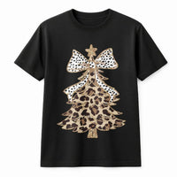 Festive Polka Dot Bow Shirt, Leopard Print Christmas Tree T-Shirt, Adorable Winter Holiday Graphic Tee, Retro Xmas Tree T-Shirt, Womens Present