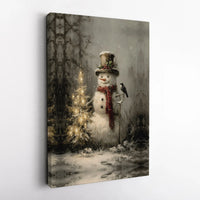 Rustic Winter Forest Christmas Tree Scene, Vintage Snowman Canvas Wall Art Print, Farmhouse Holiday Digital Download Wall Decor