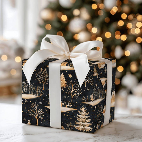 Forest Tree Holiday Gift Wrap, Golden Winter Cabin Wrapping Paper, Rustic Christmas Night Present Wrap, Dark Aesthetic Gift W