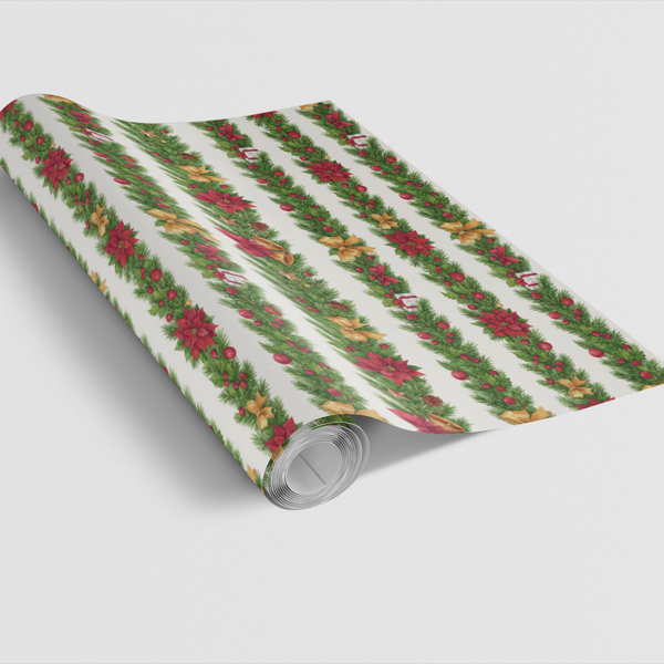 Pine Garland Gift Wrap, Watercolor Poinsettia Wrapping Paper, Elegant Christmas Wrapping Paper, Botanical Holiday Present Wra