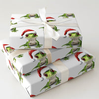 Santa Hat Lizard Gift Wrap Roll, Green Gecko Christmas Wrapping Paper, Adorable Reptile Holiday Wrapping Paper, Animal Lover Xmas Gift Wrap