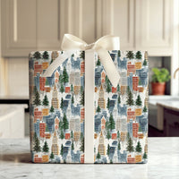 Snowy Urban Skyline Gift Wrap, Winter Cityscape Christmas Wrapping Paper, Watercolor City Holiday Wrapping Paper