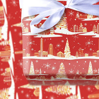 Red Gold Christmas Gift Wrap, Retro Winter Cityscape Wrapping Paper, Holiday City Scene Wrapping Paper, Festive Present Gift Wrap Roll