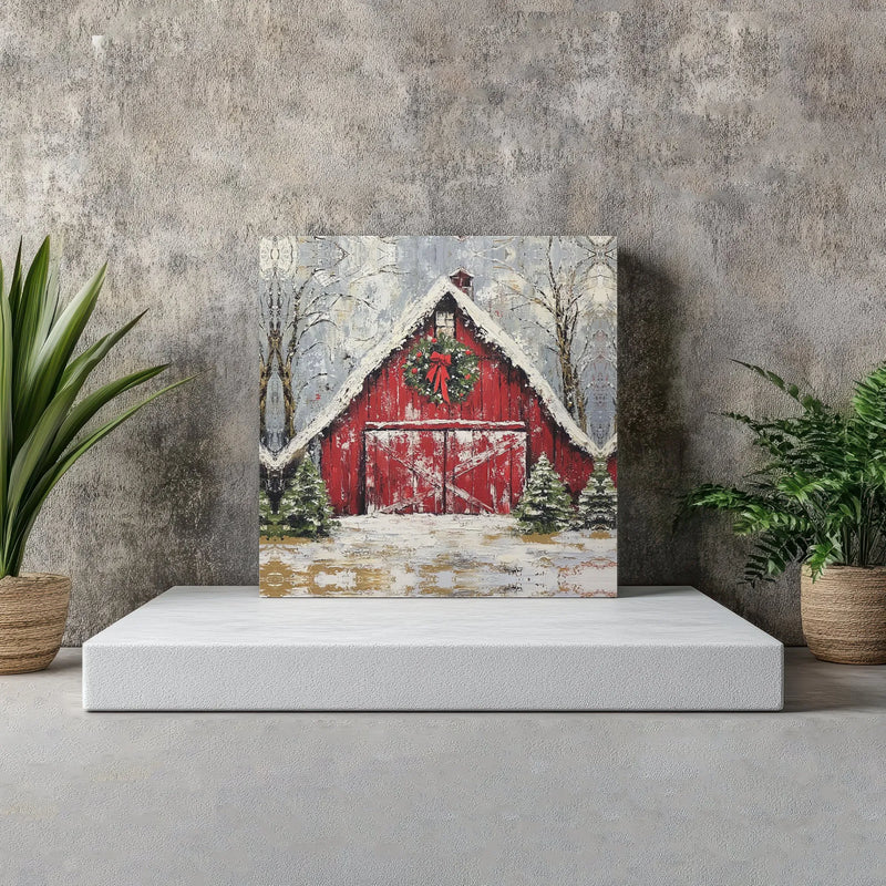 Snowy Farmhouse Winter Canvas Wall Art, Red Barn Christmas Square Canvas, Holiday Farm Landscape Canvas Print, Rustic Xmas Decor
