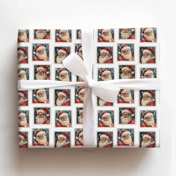 Retro Santa Claus Portrait Gift Wrap, Vintage Santa Stamp Wrapping Paper, Classic Christmas Stamp Wrapping Paper, Holiday Gif