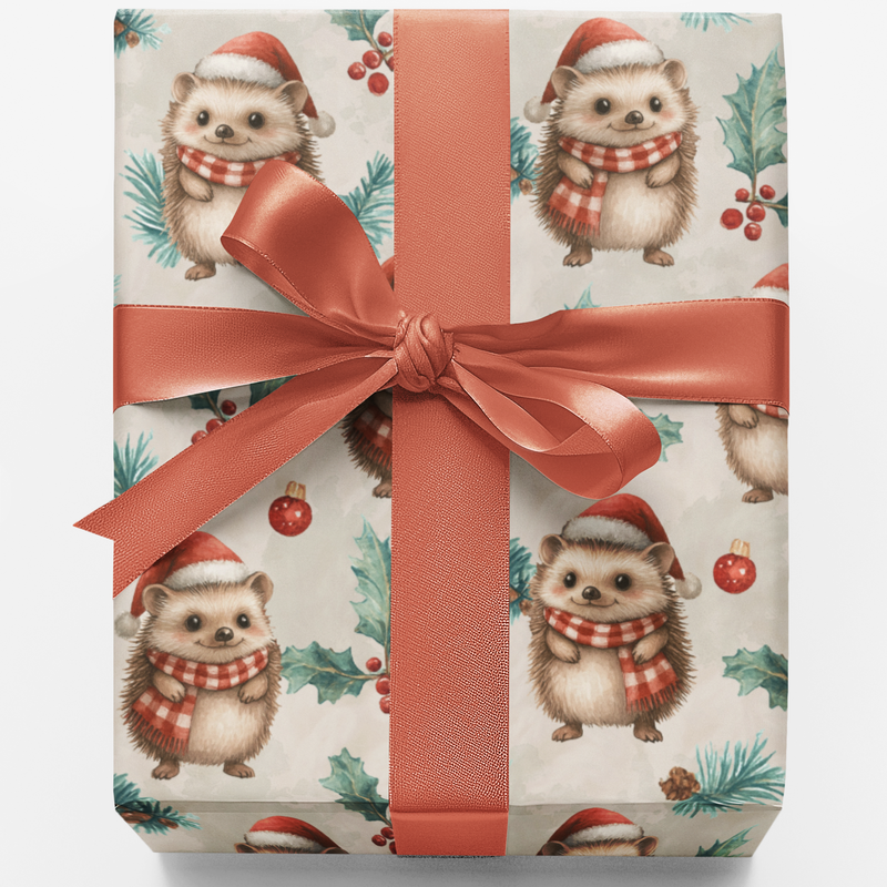 Woodland Animal Gift Wrap, Christmas Hedgehog Wrapping Paper, Festive Hedgehog Holiday Wrapping Paper, Animal Lover Gift Wrap Paper Roll