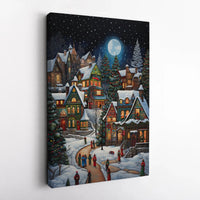 Whimsical Winter Night Canvas Print, Snowy Christmas Village Canvas Wall Art, Holiday Town Scene Canvas Decor