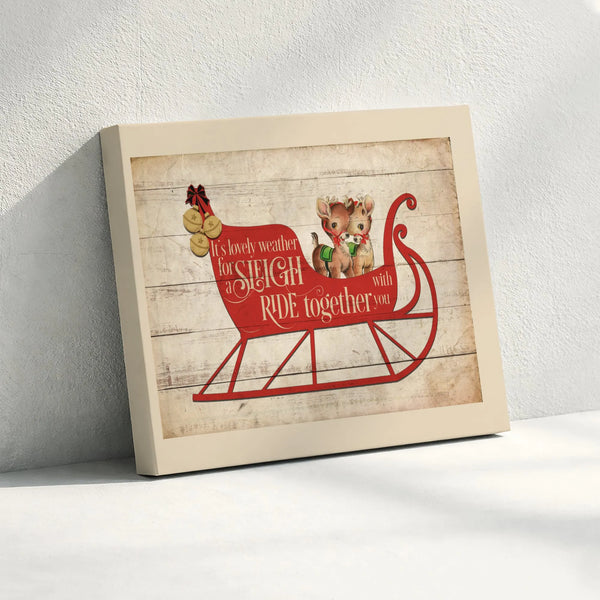 Sleigh Ride Holiday Wall Art, Vintage Christmas Reindeer Canvas, Rustic Xmas Canvas Print, Winter Season Wall Decor, Festive 