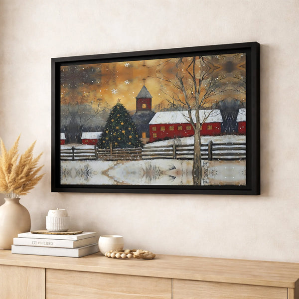 Snowy Red Church Landscape Print, Winter Christmas Village Canvas Wall Art, Comfy Holiday Canvas Art, Rustic Winter Wall Deco