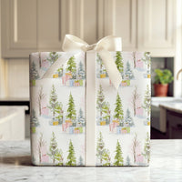 Pastel Tree Christmas Wrapping Paper, Watercolor Forest Wrapping Paper, Snowy Pine Holiday Wrapping Paper Roll, Elegant Xmas Gift Wrap Paper