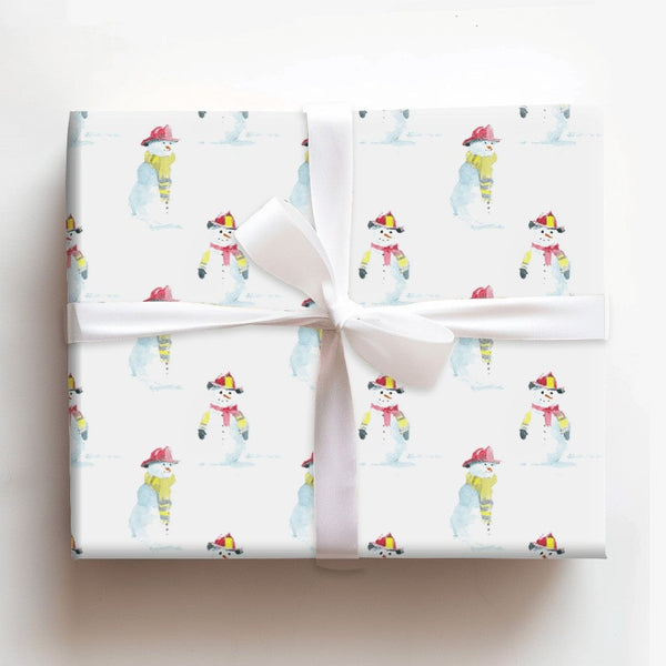 First Responder Gift Wrap, Firefighter Snowman Wrapping Paper, Watercolor Snowman Wrapping Paper, Adorable Christmas Firefigh