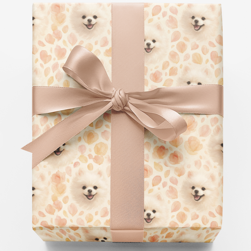 Floral Petal Dog Portrait Gift Wrap, Pomeranian Wrapping Paper, Adorable Puppy Birthday Wrapping Paper, Dog Lover Christmas Present Wrap