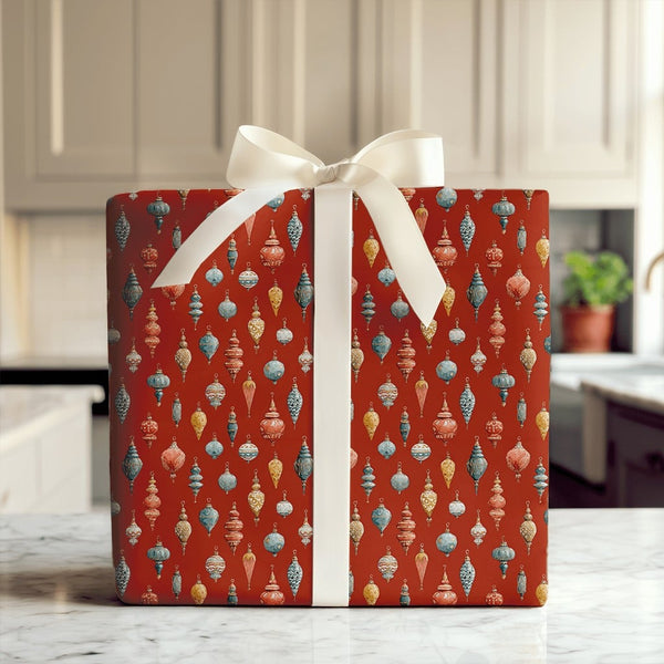 Watercolor Holiday Gift Wrap, Vintage Christmas Ornament Wrapping Paper, Retro Xmas Tree Bauble Wrapping Paper, Red Festive G