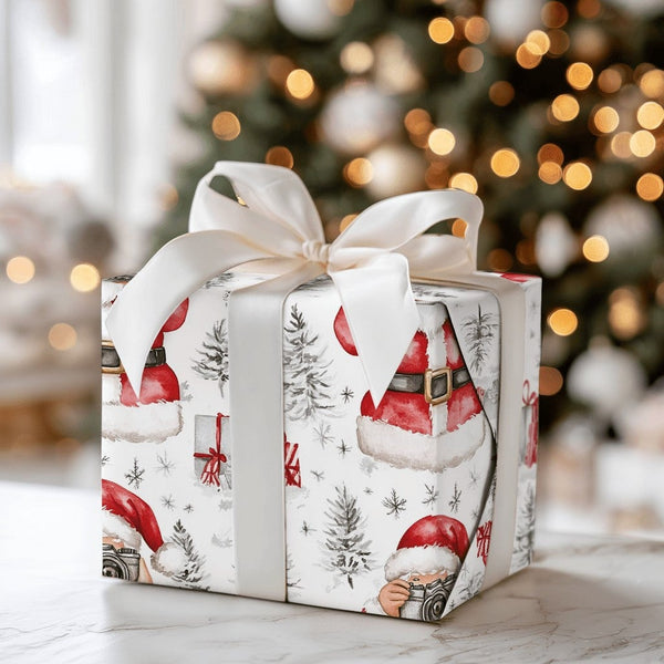 Camera Santa Christmas Gift Wrap, Photographer Santa Wrapping Paper, Watercolor Holiday Wrapping Paper, Photography Lover Gif
