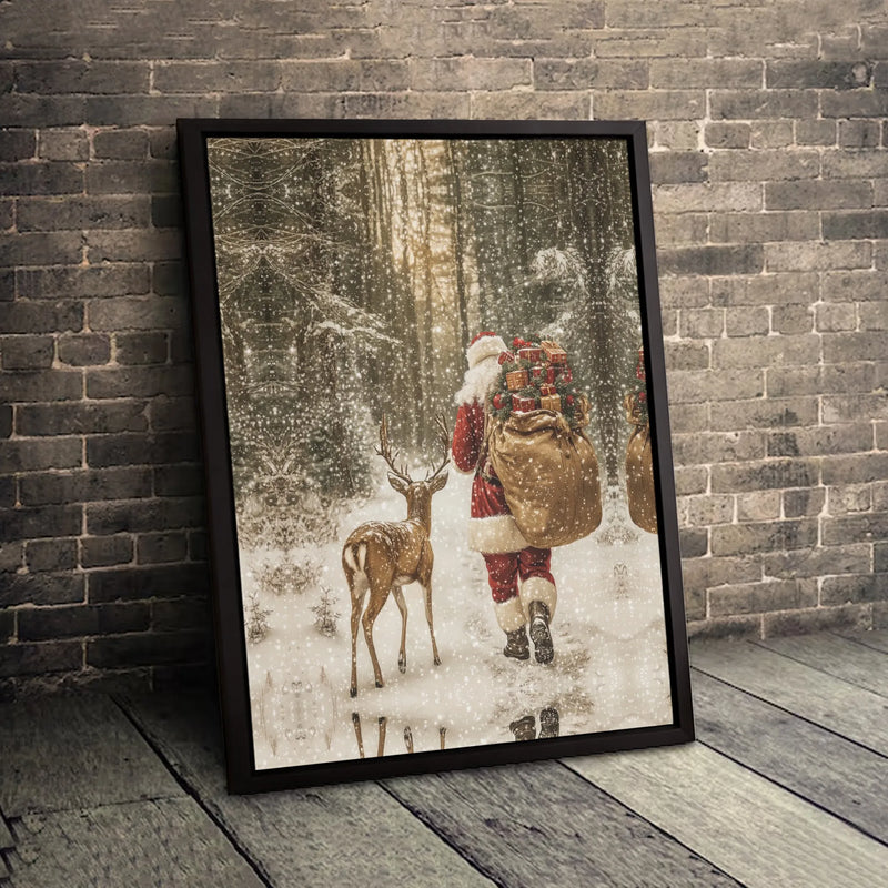 Winter Wonderland Canvas Print, Santa Claus with Reindeer Canvas Wall Art, Snowy Forest Holiday Wall Canvas, Christmas Home Decor Present