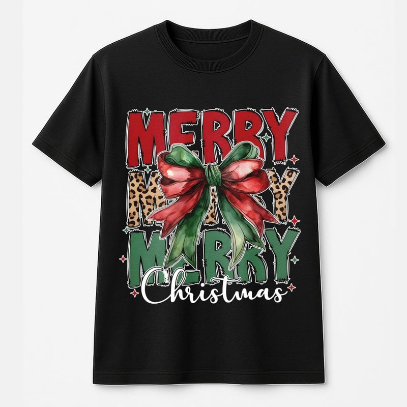 Coquette Bow Leopard Print Shirt, Merry Christmas T-Shirt, Trendy Holiday Graphic Tee, Preppy Christmas Tee, Adorable Xmas Present for Women