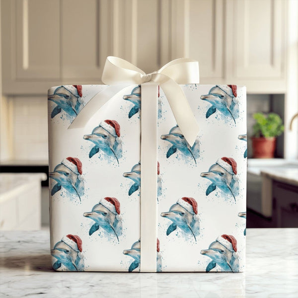 Watercolor Christmas Dolphin Wrapping Paper, Santa Hat Dolphin Wrapping Paper, Coastal Beach Holiday Wrapping Paper, Ocean An