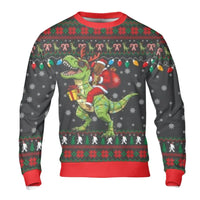 Humorous Sasquatch Dinosaur Holiday Sweater, Bigfoot Riding T-Rex Ugly Christmas Sweatshirt, Cryptid Xmas Crewneck, Humorous Pullover