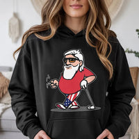 Humorous Patriotic Santa Sunglasses Pullover, Cool Santa Golf Hoodie, Retro Christmas Golfer Sweatshirt, Holiday Golfing Hooded Sweater