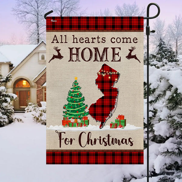 All Hearts Come Home for Christmas Flag, New Jersey Christmas Garden Flag, Buffalo Plaid State Yard Banner, Holiday Home Deco