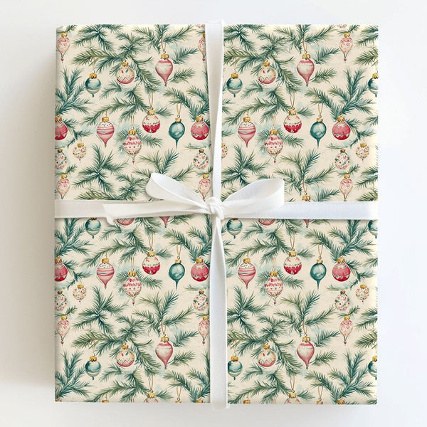 Pine Branch Watercolor Gift Wrap, Vintage Christmas Ornament Wrapping Paper, Botanical Holiday Bauble Wrapping Paper