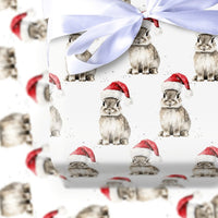Adorable Watercolor Rabbit Gift Wrap, Santa Hat Bunny Christmas Wrapping Paper, Festive Animal Lover Wrapping Paper, Holiday Gift Wrap Roll
