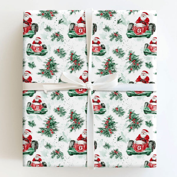 Letter G Number 2 Gift Wrap, Santa Vintage Race Car Wrapping Paper, Watercolor Trees Holiday Paper, Festive Christmas Wrappin