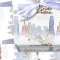 Snowy Skyline Watercolor Gift Wrap, Chicago Christmas Market Wrapping Paper, Festive Holiday Cityscape Present Wrap, Winter Gift Wrap Roll