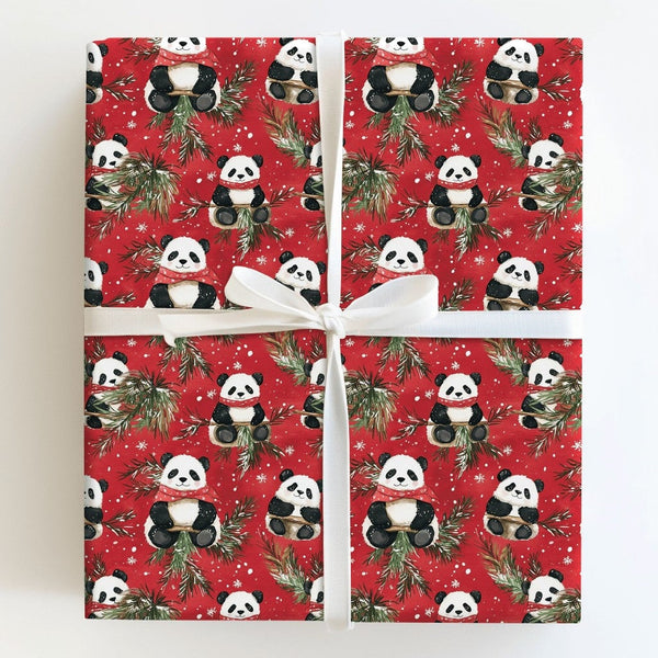 Scarf Panda Bear Holiday Gift Wrap, Red Christmas Panda Wrapping Paper, Adorable Winter Panda Wrapping Paper, Festive Animal 