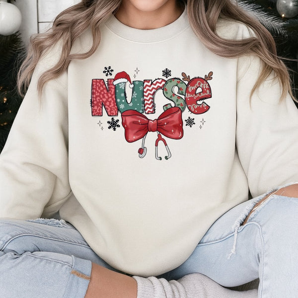 Festive Stethoscope Bow Graphic Sweater, Christmas Nurse Sweatshirt, RN LPN Nursing Holiday Crewneck, Medical Healthcare Pull