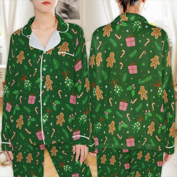 Holiday Cookie Satin Pajama Set, Gingerbread Christmas Pajamas, Festive Gingerbread Sleepwear, Adorable Winter Button Up PJs,
