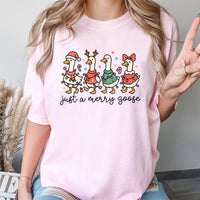 Humorous Holiday Santa Hat Bird Tee, Christmas Goose T-Shirt, Festive Goose Lights Graphic Shirt, Adorable Xmas Animal Lover T-Shirt Present