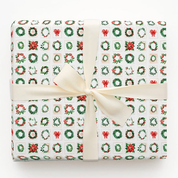 Vintage Christmas Stamp Gift Wrap, Holiday Wreath Poinsettia Wrapping Paper, Floral Botanical Wrapping Paper, Holiday Season 