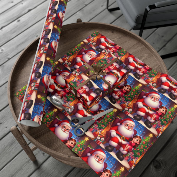 Adorable Cartoon Holiday Gift Wrap, Santa and Little Girl Christmas Wrapping Paper, Festive Xmas Present Paper, Kids Holiday 
