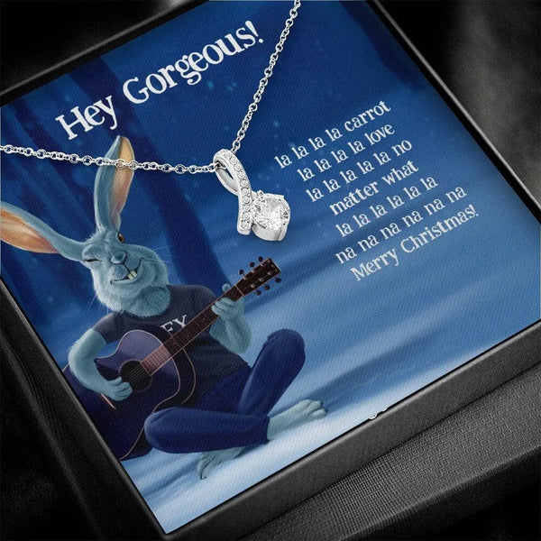 Ribbon Pendant, Rabbit Guitarist Holiday Necklace, 14k White Gold Over Stainless Steel Necklace, Humorous Ex-Girlfriend Chris
