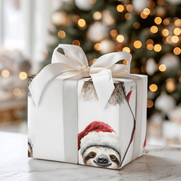 Watercolor Santa Hat Gift Wrap, Christmas Sloth Wrapping Paper, Adorable Animal Holiday Wrapping Paper, Festive Kids Xmas Wra