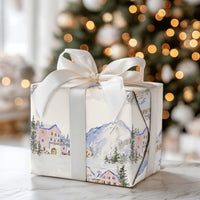 Winter Mountain Village Wrapping Paper, Pink Ski Lodge Wrapping Paper, Watercolor Alpine Holiday Gift Wrap, Christmas Wrapping Paper