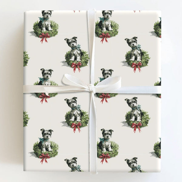 Puppy in Wreath Watercolor Gift Wrap, Schnauzer Dog Christmas Wrapping Paper, Holiday Dog Lover Wrapping Paper Roll, Xmas Pre