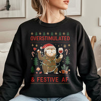 Humorous Wine Christmas Sweatshirt, Overstimulated Sloth Sweatshirt, Adorable Sloth Holiday Crewneck, Comfy Animal Pullover Sweater, Xmas Present
