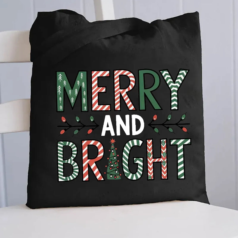 Holiday Winter Tote Bag, Merry and Bright Christmas Tree Canvas Tote Bag, Adorable Xmas Reusable Grocery Tote, Casual Daily Bag, Present for Women