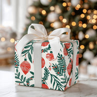 Holly and Pine Foliage Gift Wrap, Christmas Ornament Wrapping Paper, Red Berry Holiday Wrapping Paper, Classic Xmas Gift Wrap Roll