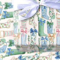 Festive Rain Boot Holiday Gift Wrap, Watercolor Wellington Boot Christmas Wrapping Paper, 90 GSM Fine Art Paper, Winter Present Wrap