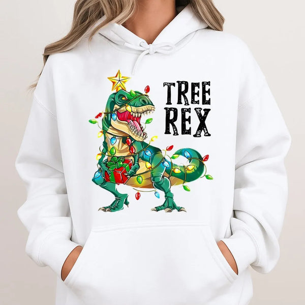 Humorous Dinosaur Xmas Sweatshirt, Tree Rex Christmas Hoodie, Adorable T-Rex Holiday Pullover, Family Matching Christmas Grap
