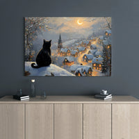 Snowy Village Canvas Print, Black Cat Christmas Canvas Wall Art, Comfy Holiday Winter Wall Decor, Festive Cat Lover Canvas Art Present