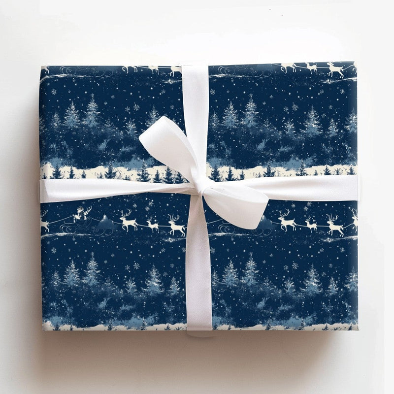 Reindeer Night Wrapping Paper, Santa Sleigh Christmas Wrapping Paper, Winter Forest Holiday Gift Wrap, Navy Blue Xmas Wrapping Paper Roll